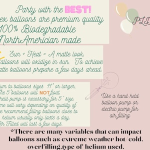 May include: Image with text detailing information about latex balloons, including how to achieve a matte finish, helium use, and air filling. The text also states the balloons are premium quality, 100% biodegradable, and North American made.