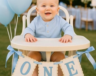 Scallop One Cream blue Birthday Banner, 1st Birthday Elegant ONE highchair banner, High Chair Banner boy, ONE Banner Bows, Cake Smash Photo