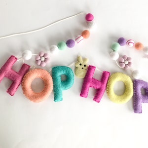 Hop Hop Spring  Easter Felt Pom Pom Garland/ Easter Decor/Carrot Pompom garland/ Easter Party Decor/Easter Mantel Decor/Kids Easter decor