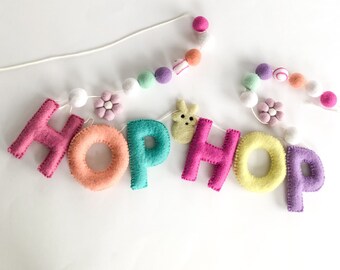 Hop Hop Spring  Easter Felt Pom Pom Garland/ Easter Decor/Carrot Pompom garland/ Easter Party Decor/Easter Mantel Decor/Kids Easter decor