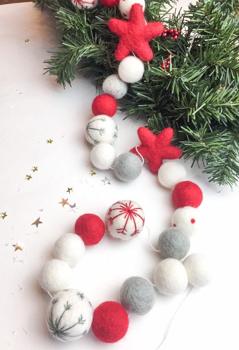 Grey Red Silver Christmas Holiday Felt Ball Pom Pom GarlandgarlandsModern Holiday Decor Candy Cane bannerChristmas garlandMantel Decor