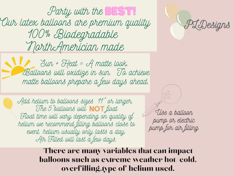 K&ouml;nnte beinhalten: Infografik mit Informationen zu Latexballons, einschlie&szlig;lich Pflegehinweisen. Der Text behandelt die Auswirkungen von Sonne und Hitze sowie die Verwendung von Helium. Die Ballons sind von Premiumqualit&auml;t, 100 % biologisch abbaubar und in Nordamerika hergestellt.