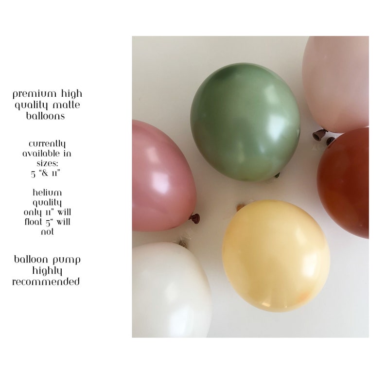 Puede incluir: Una colecci&oacute;n de globos mate de alta calidad en varios colores, incluyendo rosa, verde y marr&oacute;n, adem&aacute;s de un globo blanco y amarillo. El texto a la izquierda indica que los globos est&aacute;n disponibles en tama&ntilde;os de 5" y 11".