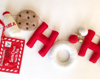 Santa Milk & Cookie Christmas Holiday Felt Garland/ Santa White and Red Garland/Holiday Mantle Decor/ Christmas Decor/ Santa Decor HOHOHO