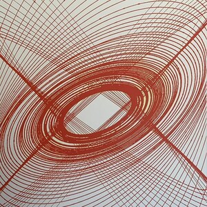 May include: Abstract art print with a red and white geometric design. The design features a series of concentric circles and lines that create a sense of depth and movement.
