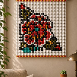May include: A wall hanging composed of a grid of small, spherical beads arranged to form a pixelated rose design. The rose features red, black, green, and teal beads against a white background, framed by a top and bottom row of red and yellow beads.
