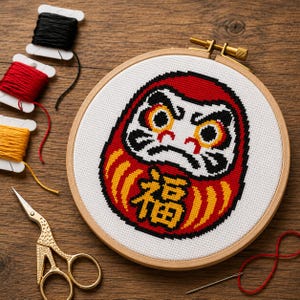 May include: A cross-stitch embroidery hoop featuring a Daruma doll design with red, yellow, black, and white colors. The Japanese character for "fortune" is stitched in yellow. Embroidery floss and gold scissors are also visible.
