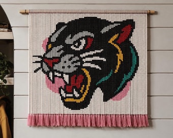 Patrón de tapiz con cuentas de la Pantera Negra en PDF / Tapiz de pared estilo tatuaje tradicional americano / Descarga digital para manualidades