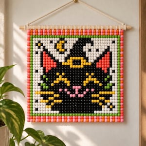 Glad svart katt ponny pärltapetmönster, retro Halloween väggbonad (digital nedladdning)
