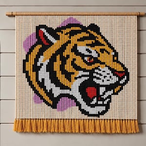 Op de afbeelding: Een vierkante wandhanger gemaakt van kleine, crèmekleurige kralen in een rasterpatroon. Het ontwerp toont een tijgerkop in profiel met zwarte, gele, witte en rode details, geaccentueerd door paarse vormen. Het hangt aan een houten roede met gele kwastjes.