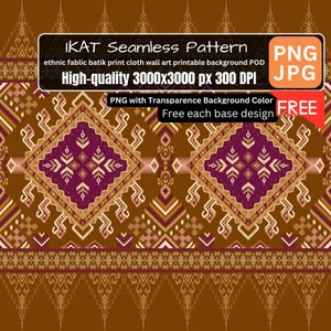 Puede incluir: Un patrón sin costuras con un fondo marrón y un diseño geométrico repetitivo en tonos de marrón, beige, rosa y morado. El patrón se llama "IKAT Seamless Pattern" y se describe como "tela batik étnica impresa tela de pared arte imprimible fondo POD". El patrón es de alta calidad y tiene 3000x3000 píxeles a 300 DPI. El patrón está disponible en formatos PNG y JPG y es de descarga gratuita.