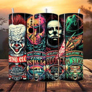 May include: Four stainless steel tumblers with colourful graphics of horror movie characters. The tumblers feature the text "Meet the Cing Clo", "Welcome to Camp Crystal Lake", "Welcome to Haddonfield", and "Welcome to Elm Street".