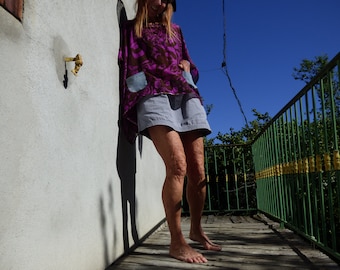 Chemise haut poncho plage tropique été coton violet poches jean France!