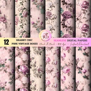 SHABBY CHIC Pink Vintage Roses Seamless Digital Papers | Vintage Rose Digital PNG | Digital Paper Set | Romantic Pink Printable Backgrounds