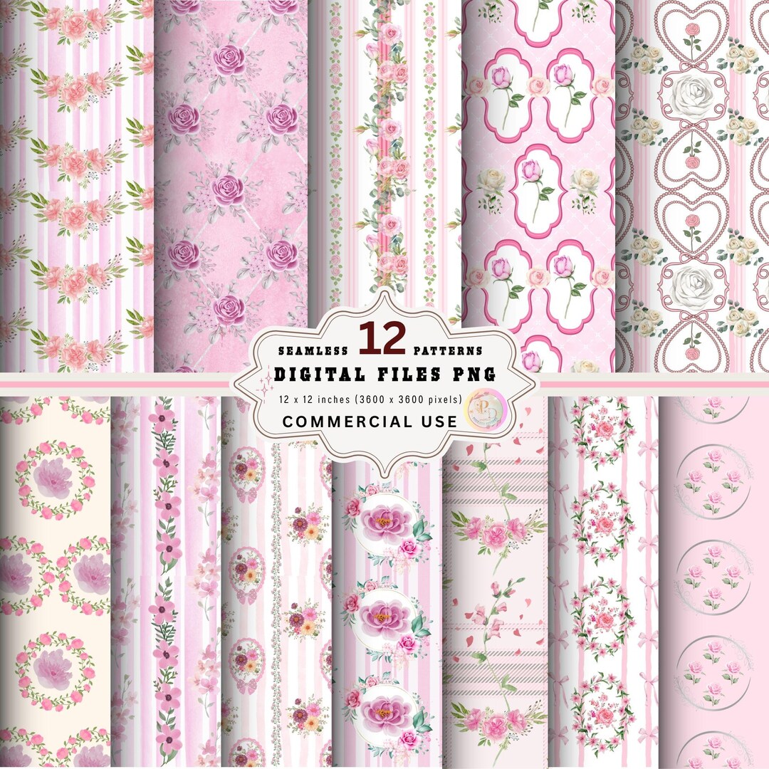 Shabby Chic Pink Floral Digital Paper: Vintage Watercolor Patterns (PNG ...