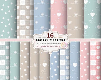 Pastel Baby Digital Paper: Heart & Polka Dot Patterns (Digital Download)