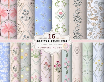 Vintage Floral Seamless Digital Paper Pack, Cottagecore Pastel Patterns (Digital Download)
