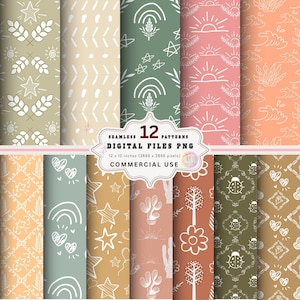 May include: A collection of 12 seamless digital patterns in various colors, including green, beige, and peach. Each pattern features hand-drawn designs such as stars, rainbows, and flowers. The patterns are 12 x 12 inches (3600 x 3600 pixels) and are for commercial use.