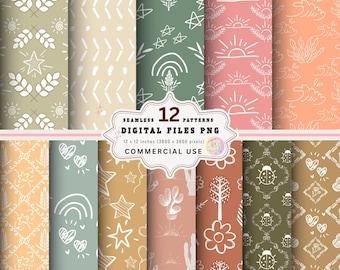 May include: A collection of 12 seamless digital patterns in various colors, including green, beige, and peach. Each pattern features hand-drawn designs such as stars, rainbows, and flowers. The patterns are 12 x 12 inches (3600 x 3600 pixels) and are for commercial use.