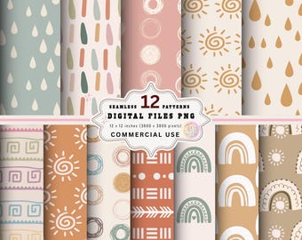 Set di carte digitali Boho: scarabocchi senza soluzione di continuità, sfondi neutri (PNG, 30x30 cm)