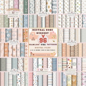 May include: A collection of 96 seamless PNG patterns in a neutral boho nursery theme. The digital files are 12 x 12 inches (3600 x 3600 pixels). The image displays various patterns with soft colors and designs, including rainbows, stars, and floral elements.