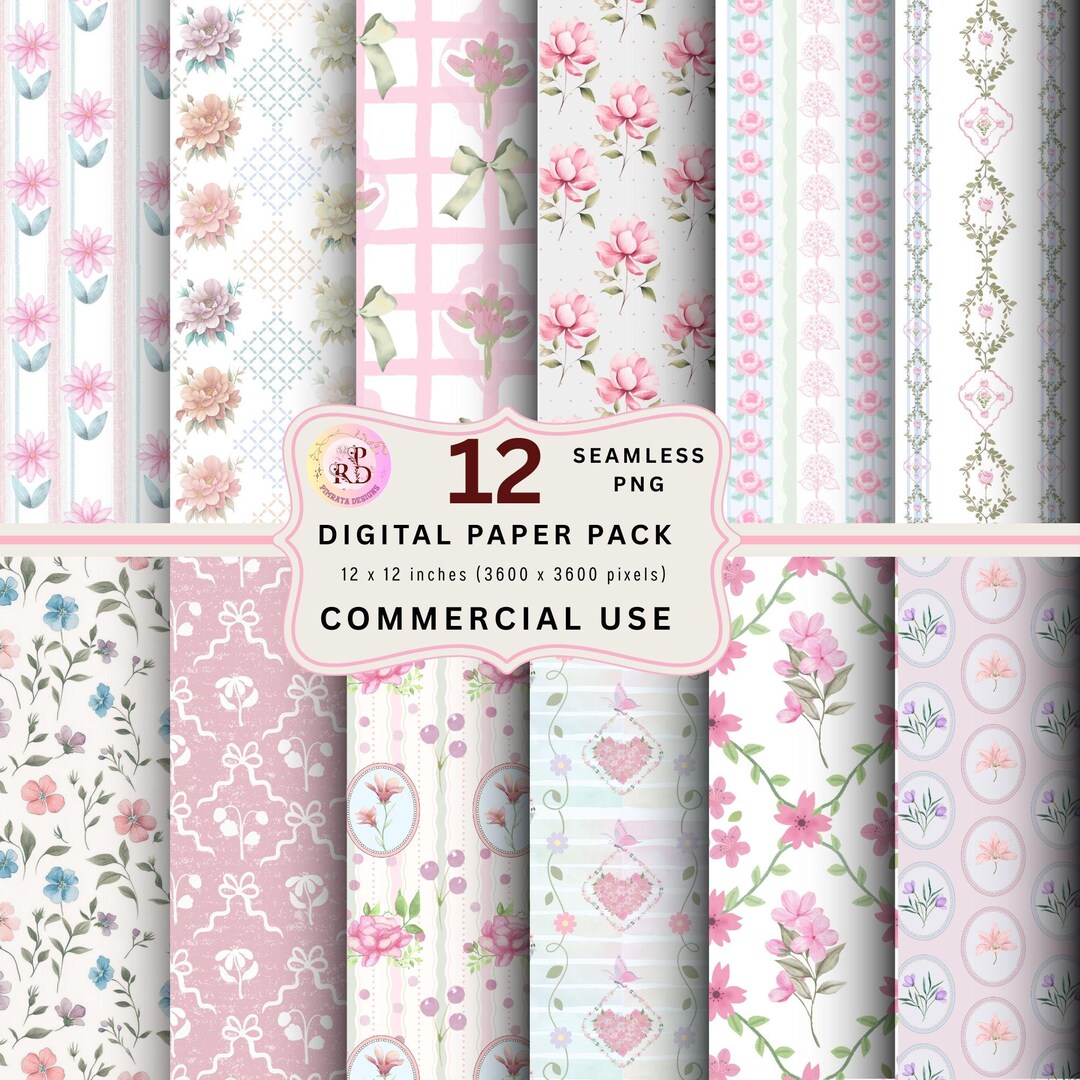 Pink Watercolor Floral Digital Paper Pack, Seamless Vintage Patterns ...