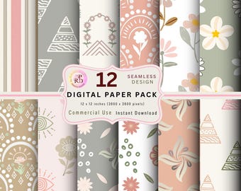Boho bloemen digitaal papierpakket | Saliegroen en blosroze (PNG-download)
