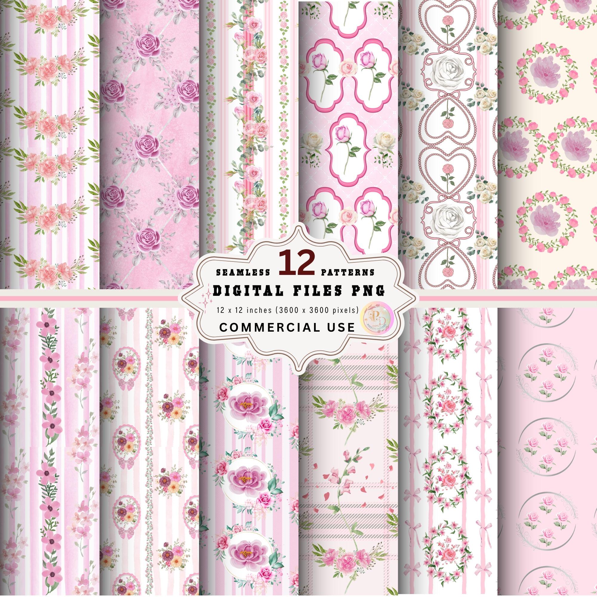 Shabby Chic Pink Floral Digital Paper: Vintage Watercolor Patterns (PNG ...