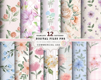 Watercolor Floral Seamless Paper Pack, Pastel Flower Clipart (Digital Download)