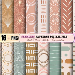 May include: A digital file featuring 16 seamless patterns in various designs and colors, including beige, brown, and teal. The patterns have geometric and abstract shapes. The file is 12 inches by 12 inches and is for commercial use. The text on the image says "16 PNG Seamless Patterns Digital File".