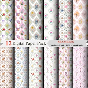 Pastel Floral Seamless Patterns Bundle | 12 PNG Files | 3600x3600 px | Digital Paper | Instant Download | Spring Flower Clipart