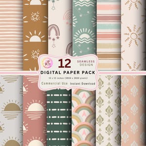 Peut inclure: Un pack de papiers numériques avec 12 motifs sans couture. Les motifs comprennent des soleils, des arcs-en-ciel, des étoiles et des rayures dans des tons neutres de beige, marron et rose. Chaque papier mesure 30.48 x 30.48 cm (3600 x 3600 pixels).