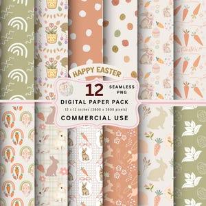 May include: A digital paper pack featuring 12 seamless PNG designs with Easter themes. The patterns include bunnies, carrots, eggs, and floral elements in pastel colors. Each paper is 12 x 12 inches (3600 x 3600 pixels) and suitable for commercial use. The words "Happy Easter" are also visible.