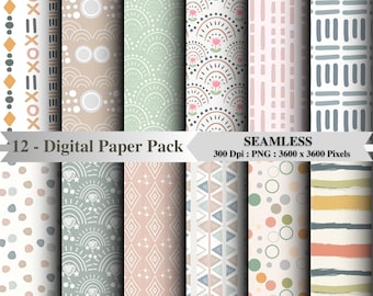 Pacchetto di carta digitale Boho: motivi senza soluzione di continuità nei toni della terra (download PNG per scrapbooking)