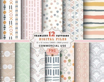 Boho Aardetinten Naadloos Digitaal Papierpakket, Neutrale Abstracte PNG-patronen (Commercieel gebruik)