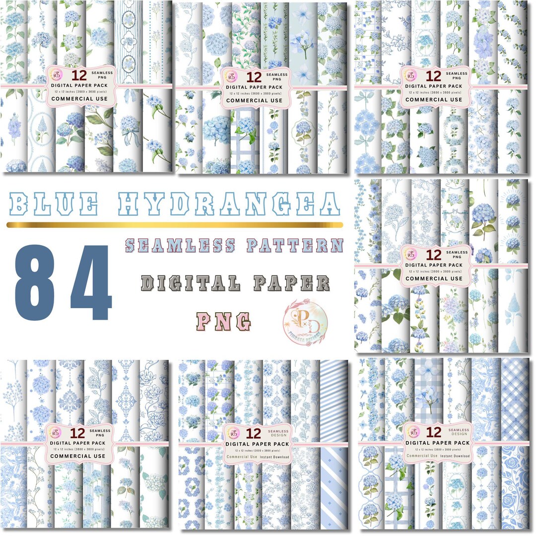 Blue Hydrangea Digital Paper Pack, Vintage Floral Watercolor ...