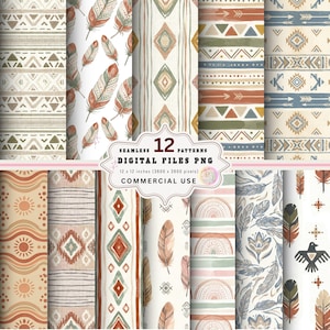 Könnte beinhalten: Eine Sammlung von 12 nahtlosen digitalen Mustern im PNG-Format, jeweils 30,48 x 30,48 cm (3600 x 3600 Pixel). Die Muster zeigen Bohème-Designs mit Federn, Pfeilen, geometrischen Formen und Aquarelltexturen in Erdtönen. Der Text lautet "12 SEAMLESS PATTERNS DIGITAL FILES PNG COMMERCIAL USE".