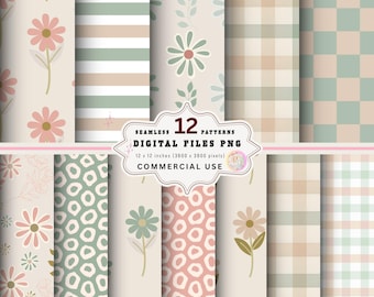 Boho bloemen digitaal papierpakket, naadloze patronen (PNG-indeling)