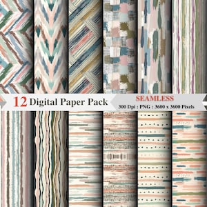 May include: A digital paper pack featuring 12 seamless patterns in a range of colours and designs. The patterns include stripes, geometric shapes, and abstract designs. The pack is 300 DPI and each pattern is 3600 x 3600 pixels.