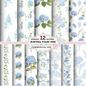 Op de afbeelding: Een verzameling van 12 naadloze digitale patronen met aquarel illustraties van blauwe hortensia's en bloemmotieven. De patronen zijn 30,48 x 30,48 cm (3600 x 3600 pixels) en voor commercieel gebruik.