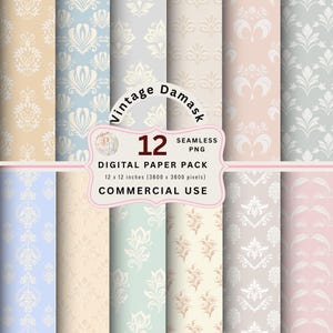 May include: A digital paper pack featuring 12 seamless PNG patterns with a vintage damask design. The patterns are in various pastel colors, including beige, blue, and pink. Each paper is 12 x 12 inches (3600 x 3600 pixels).