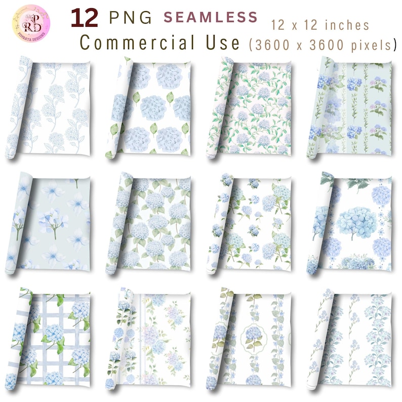 Blue Hydrangea Digital Paper Pack, Seamless Watercolor Floral Patterns ...