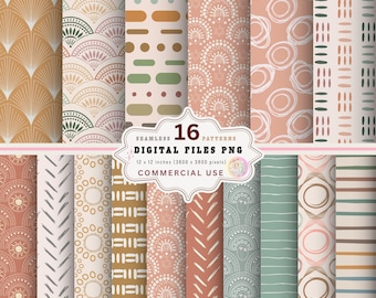 Boho Seamless Patterns, Mid Century Modern Geometric PNG (Digital Download)