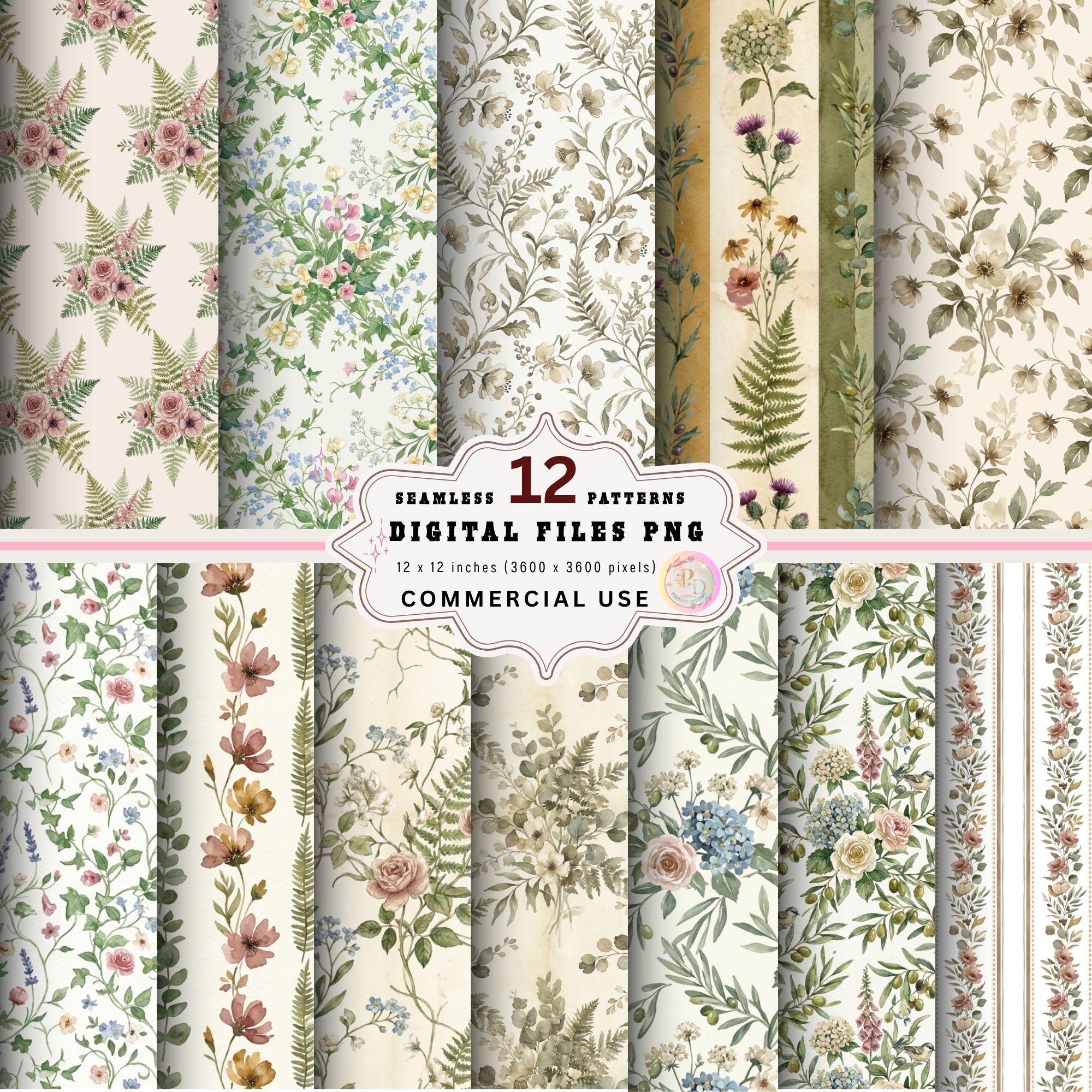 Vintage Floral Seamless Digital Paper Pack, Cottagecore Botanical ...