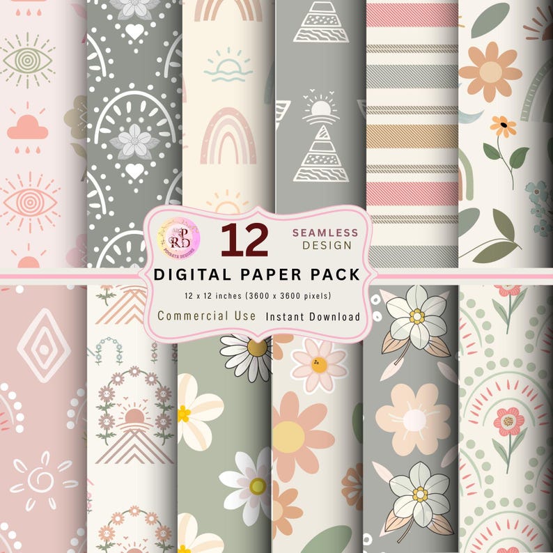 Boho Floral Digital Paper Pack, Seamless Patterns (digital Download) - Etsy