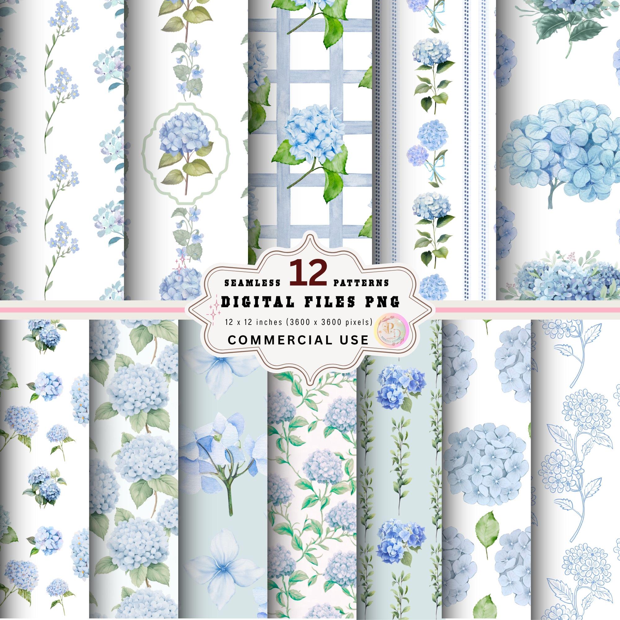 Blue Hydrangea Digital Paper Pack, Seamless Watercolor Floral Patterns ...