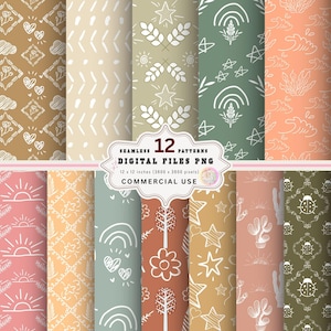 Puede incluir: Doce patrones digitales sin costuras en formato PNG, cada uno de 30,48 x 30,48 cm. Los patrones presentan diseños dibujados a mano, incluyendo estrellas, corazones, arcoíris y elementos florales en una paleta de colores neutros. El texto "SEAMLESS PATTERNS DIGITAL FILES PNG" es visible.