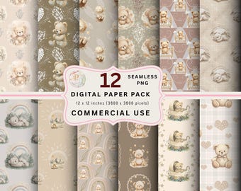 Paquete de papel digital sin costuras de osito de peluche, diseños beige para guardería (PNG)