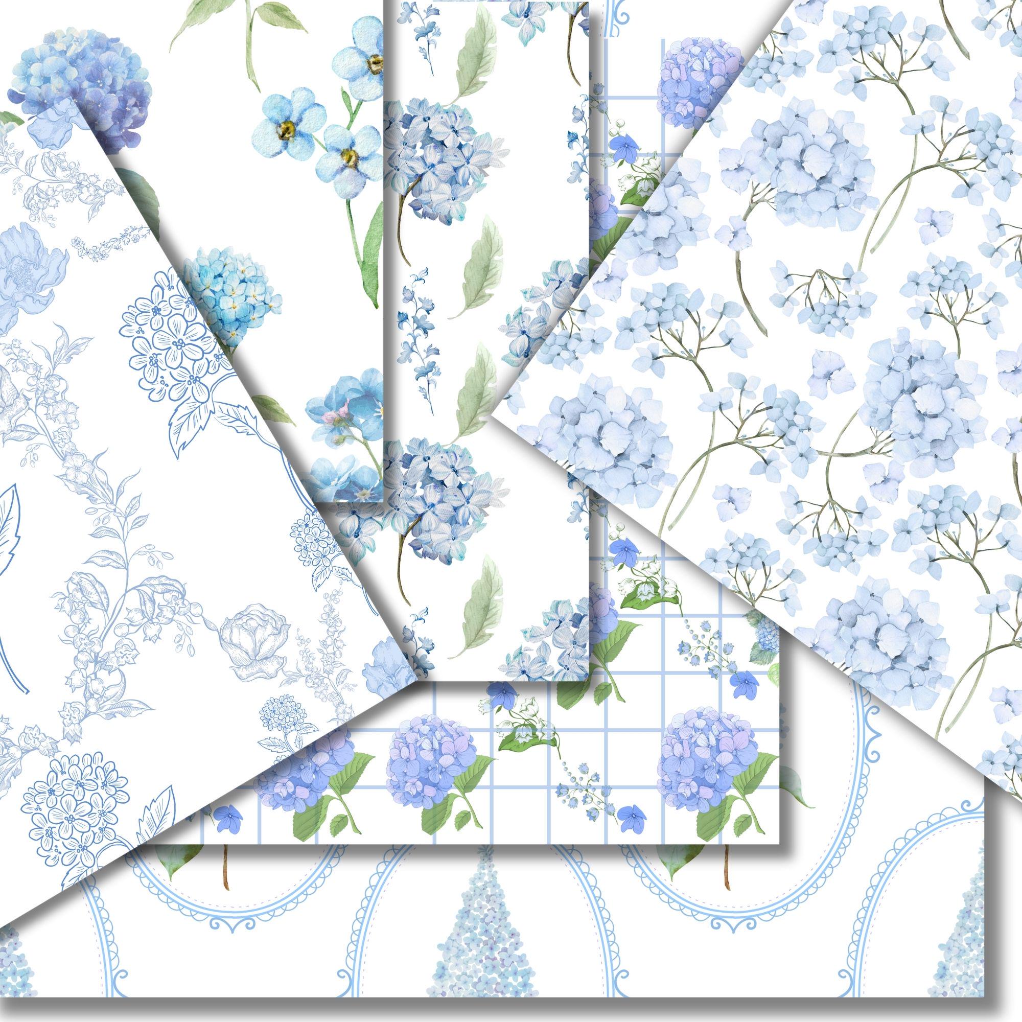 Blue Hydrangea Digital Paper Pack, Vintage Floral Watercolor ...