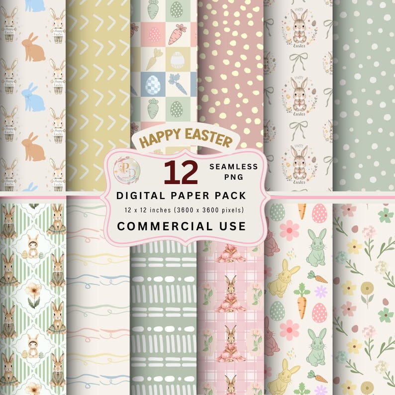 Boho Easter Seamless Digital Paper, Watercolor Nursery Patterns, Bunny ...